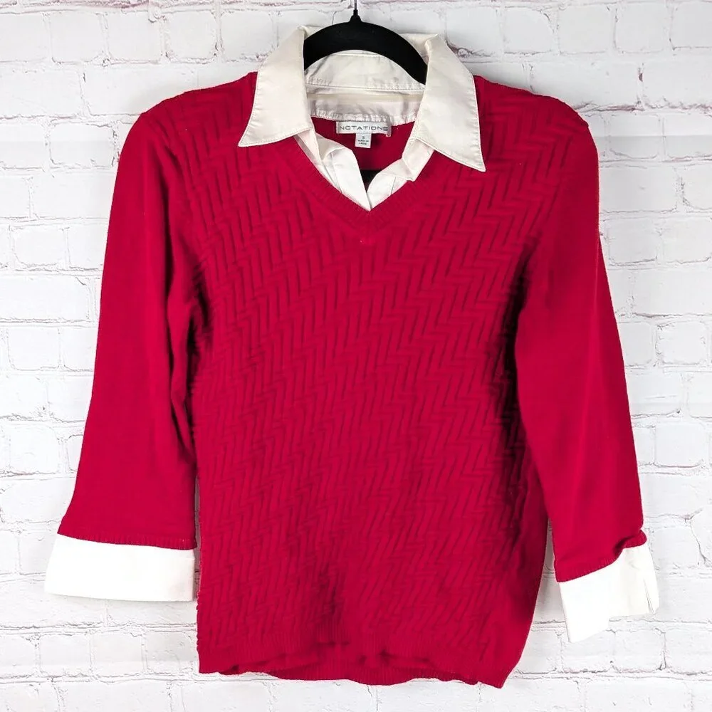 Notations Faux Collared Red Sweater - Small